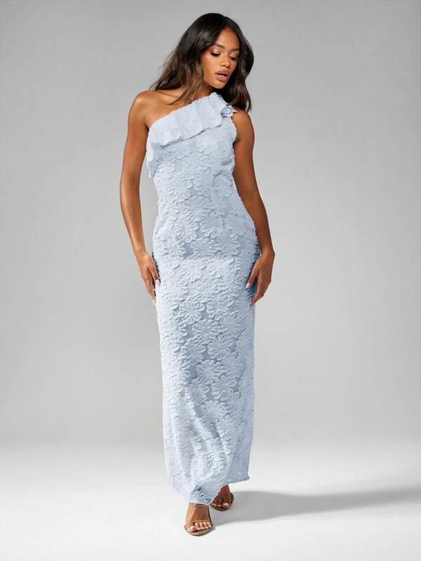 MISSGUIDED One Shoulder Floral Textured Ruffle Maxi Dress