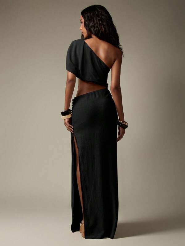 MISSGUIDED One Shoulder Linen Maxi Dress With Wicker Detail