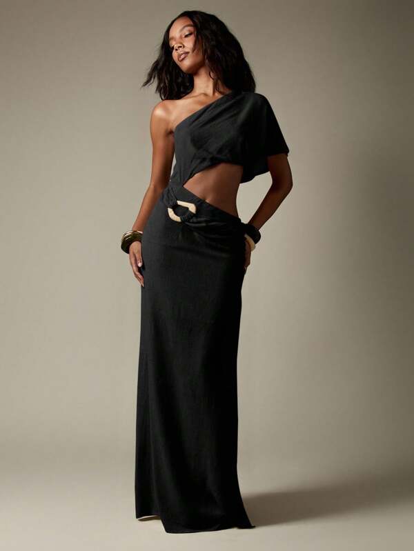 MISSGUIDED One Shoulder Linen Maxi Dress With Wicker Detail