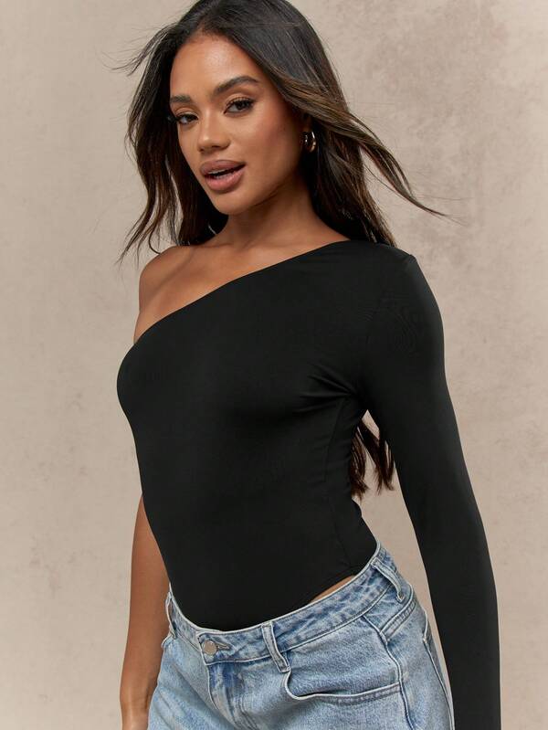 MISSGUIDED One Shoulder Long Sleeve Stretchy Bodysuit