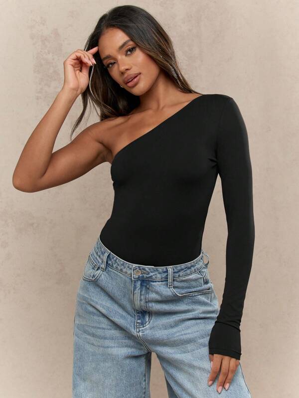 MISSGUIDED One Shoulder Long Sleeve Stretchy Bodysuit