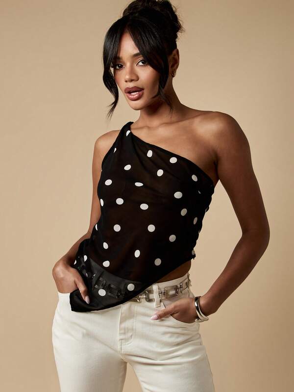 MISSGUIDED One Shoulder Polka Dot Asymmetrical Drape Top