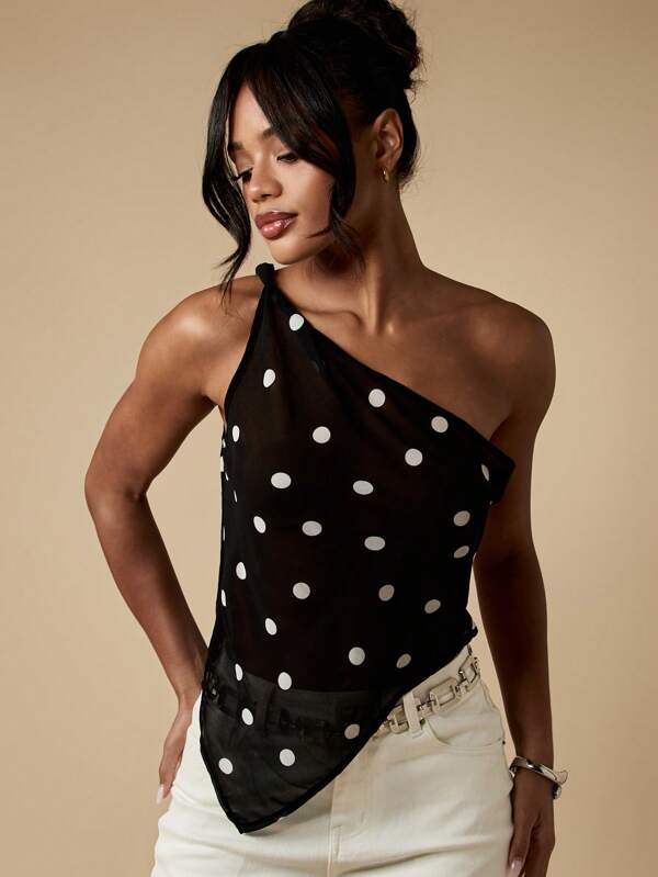 MISSGUIDED One Shoulder Polka Dot Asymmetrical Drape Top