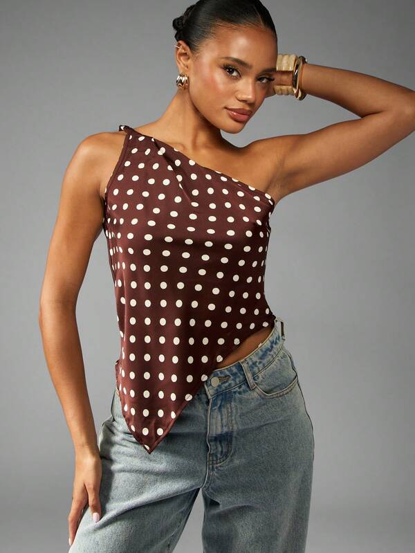 MISSGUIDED One Shoulder Polka Dot Top With Asymmetric Hem