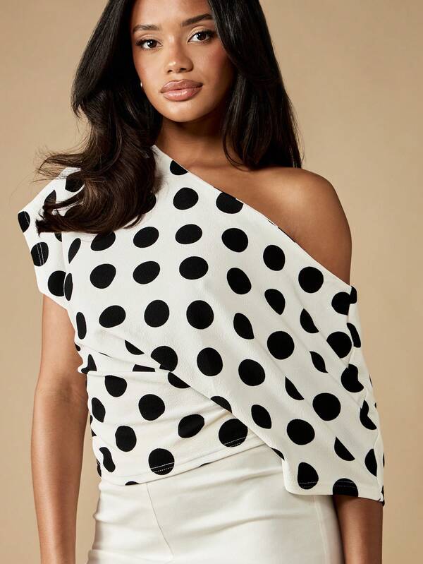 MISSGUIDED One Shoulder Puff Sleeve Polka Dot Blouse