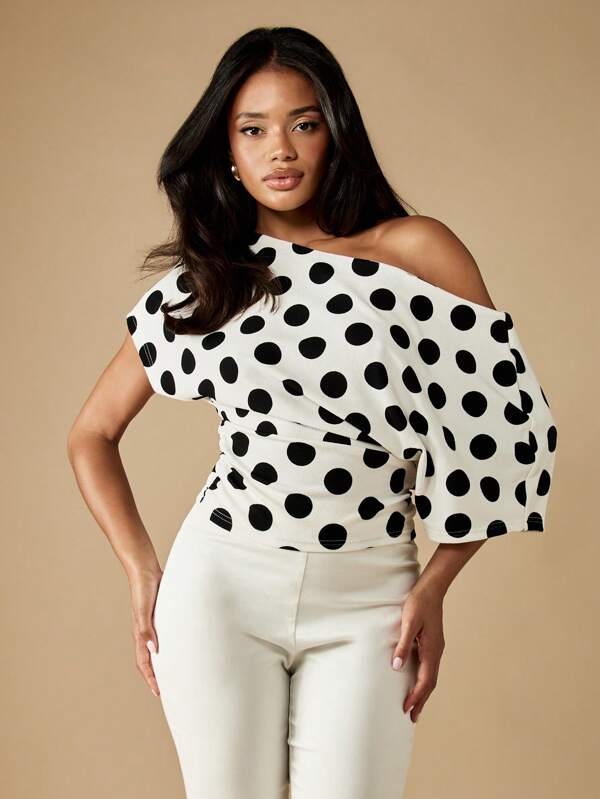 MISSGUIDED One Shoulder Puff Sleeve Polka Dot Blouse