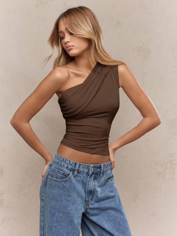MISSGUIDED One Shoulder Ruched Crop Top With Draped Design
