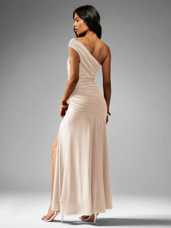 MISSGUIDED One Shoulder Ruched Floor Length Formal Maxi Dress With High Split