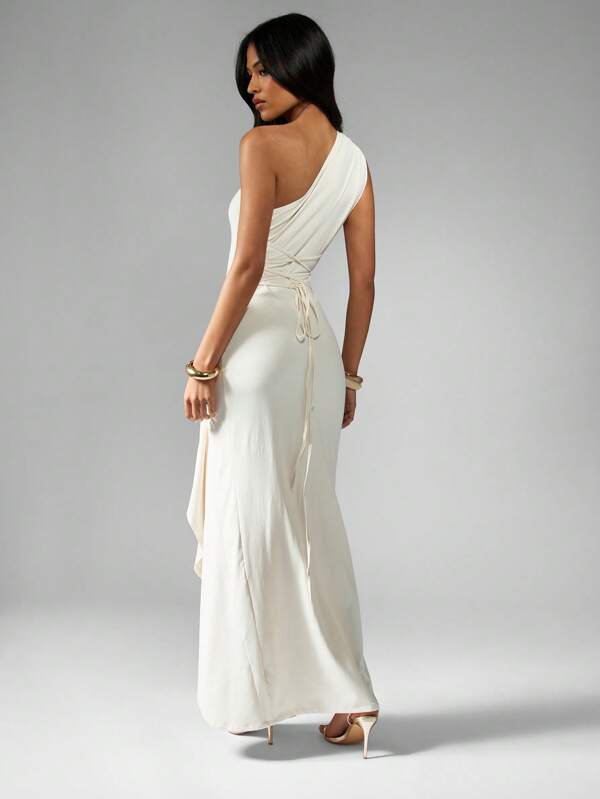 MISSGUIDED One Shoulder Ruched Split Cinched Waist Women Long Dress