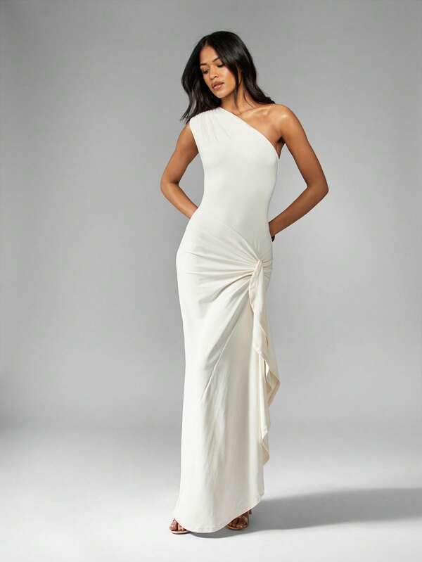 MISSGUIDED One Shoulder Ruched Split Cinched Waist Women Long Dress