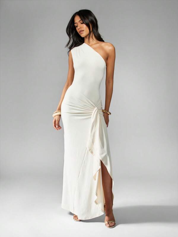 MISSGUIDED One Shoulder Ruched Split Cinched Waist Women Long Dress