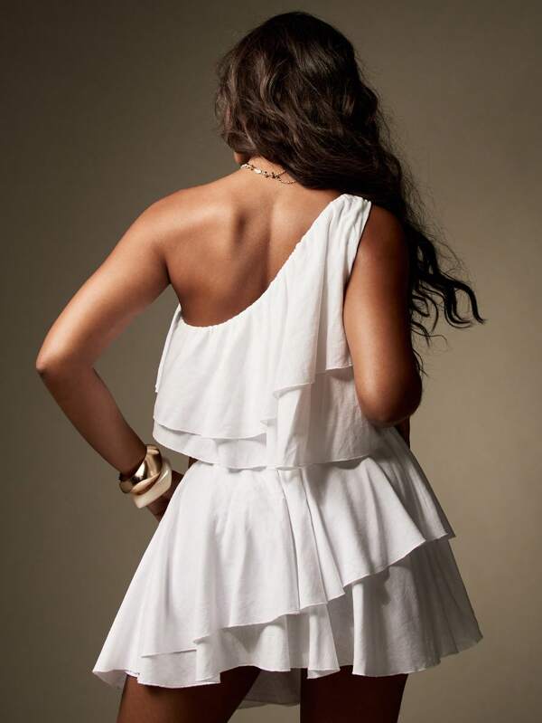 MISSGUIDED One Shoulder Ruffle Layered Linen Feel Cut Out Mini Dress