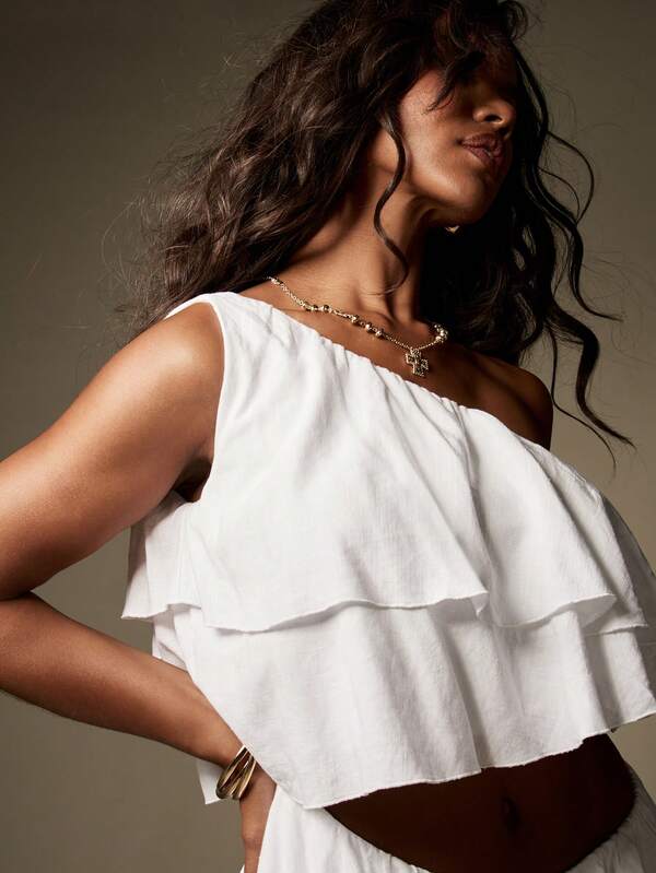 MISSGUIDED One Shoulder Ruffle Layered Linen Feel Cut Out Mini Dress