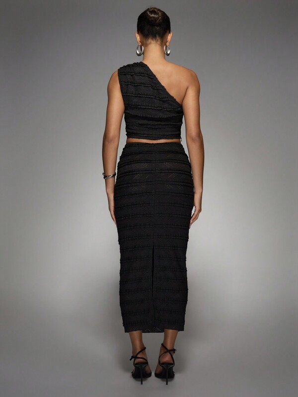 MISSGUIDED One Shoulder Ruffle Top With Textured Midi Skirt Set
