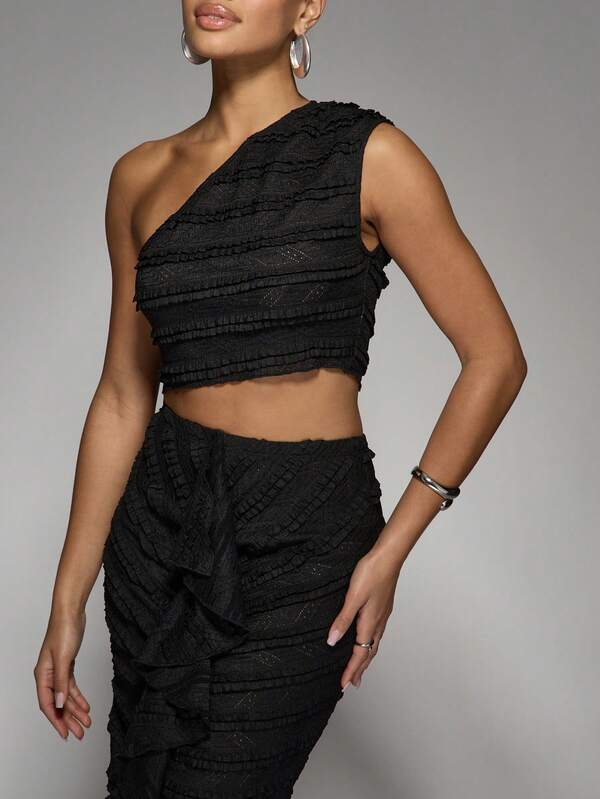 MISSGUIDED One Shoulder Ruffle Top With Textured Midi Skirt Set