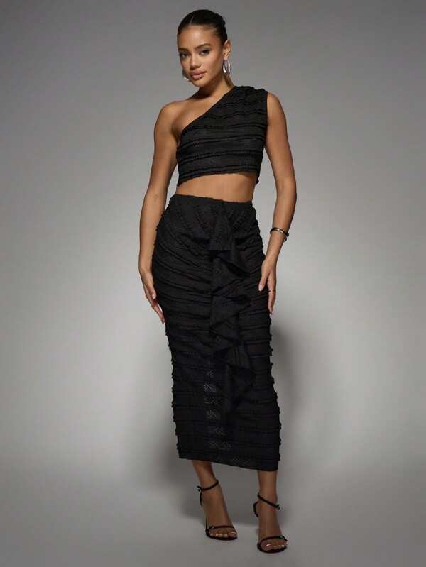 MISSGUIDED One Shoulder Ruffle Top With Textured Midi Skirt Set