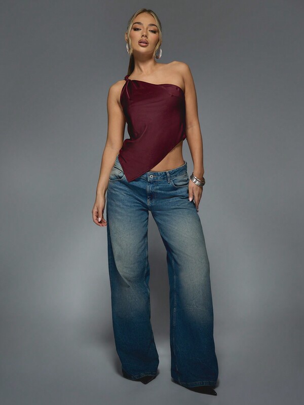 MISSGUIDED One Shoulder Satin Top With Twisted Knot Design