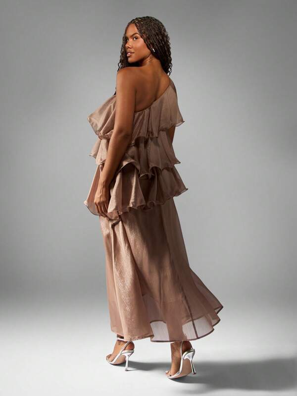 MISSGUIDED One Shoulder Tiered Ruffle Maxi Dress With Metallic Shimmer