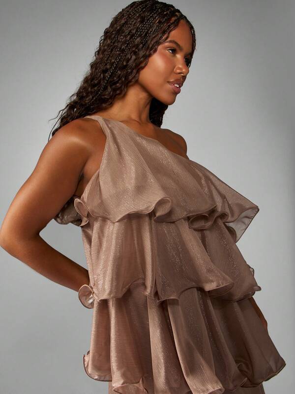 MISSGUIDED One Shoulder Tiered Ruffle Maxi Dress With Metallic Shimmer