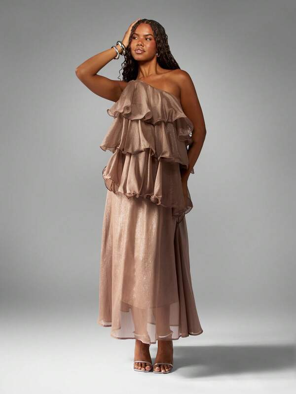MISSGUIDED One Shoulder Tiered Ruffle Maxi Dress With Metallic Shimmer