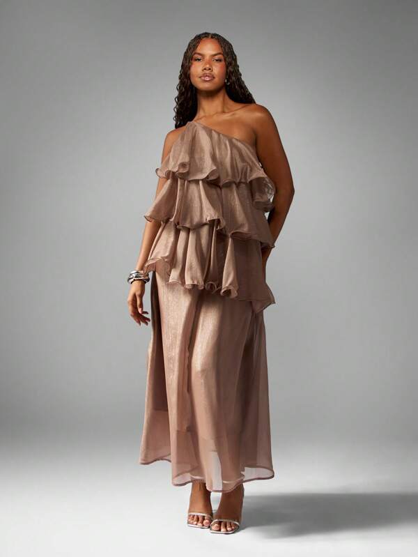 MISSGUIDED One Shoulder Tiered Ruffle Maxi Dress With Metallic Shimmer