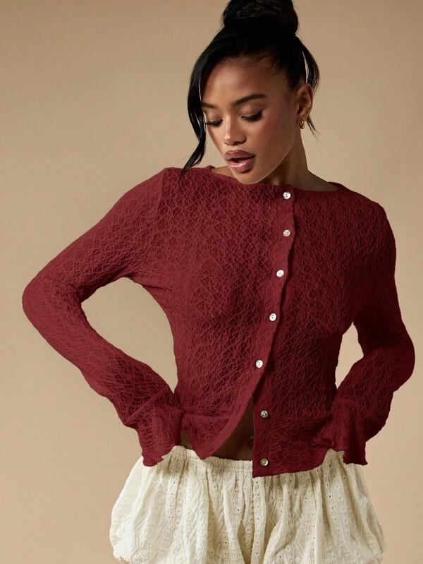 MISSGUIDED Openwork Knit Cardigan With Ruffle Hem