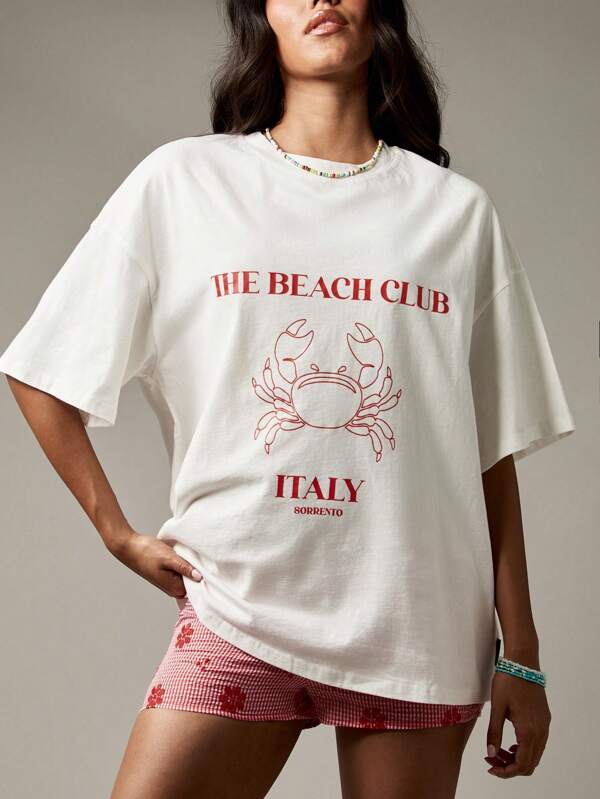 MISSGUIDED Oversized Beach Club T-Shirt With Crab Print