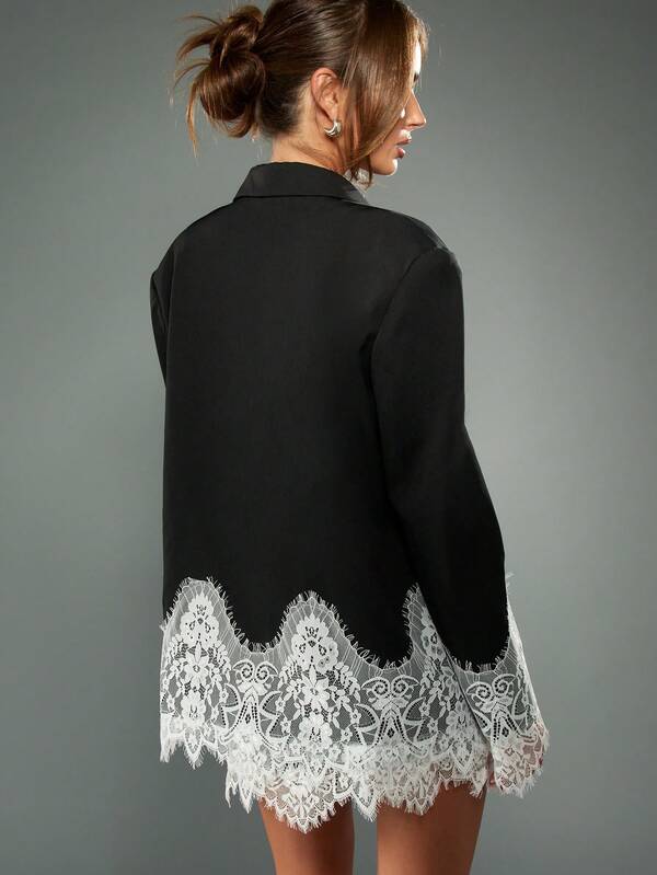 MISSGUIDED Oversized Black Blazer With White Lace Trim