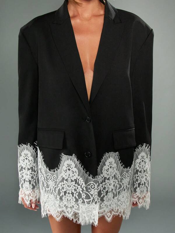 MISSGUIDED Oversized Black Blazer With White Lace Trim