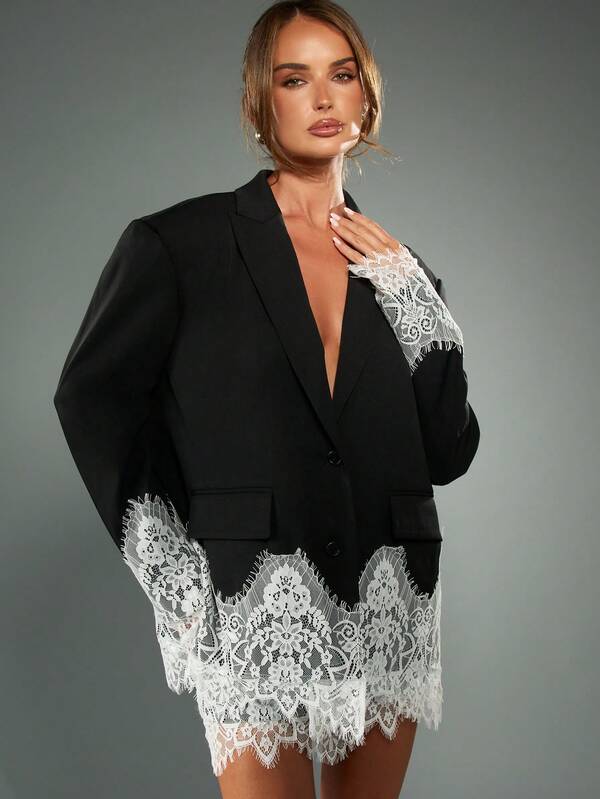MISSGUIDED Oversized Black Blazer With White Lace Trim