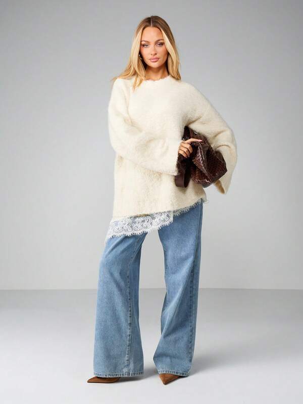 MISSGUIDED Oversized Boucle Jumper With Lace Trim