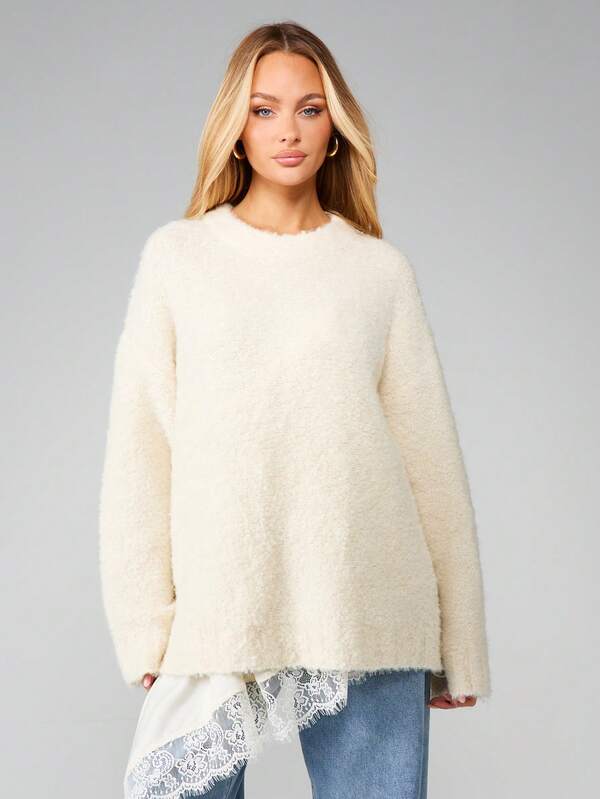 MISSGUIDED Oversized Boucle Jumper With Lace Trim