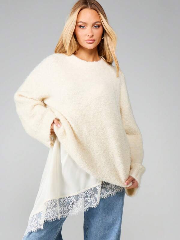 MISSGUIDED Oversized Boucle Jumper With Lace Trim