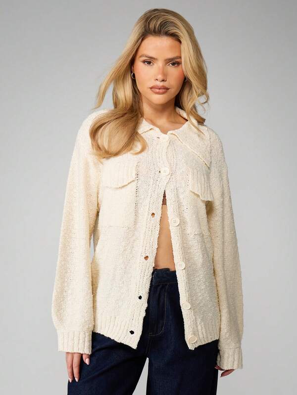 MISSGUIDED Oversized Boucle Knit Cardigan With Buttons