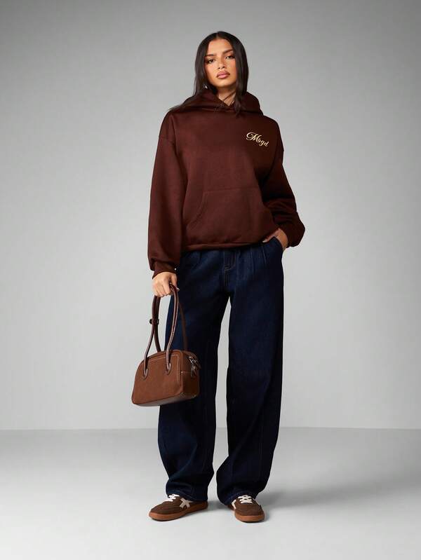 MISSGUIDED Oversized Brown Hoodie With Gold Logo Embroidery