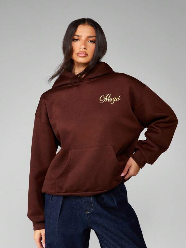 MISSGUIDED Oversized Brown Hoodie With Gold Logo Embroidery