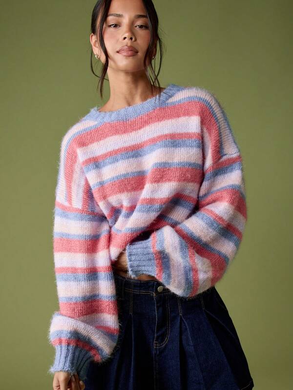 MISSGUIDED Oversized Brushed Striped Knit Jumper