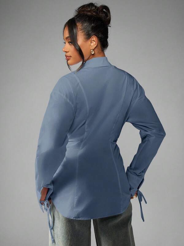 MISSGUIDED Oversized Button Down Shirt With Ruched Waist And Tie Cuffs