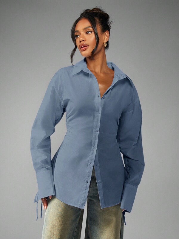 MISSGUIDED Oversized Button Down Shirt With Ruched Waist And Tie Cuffs