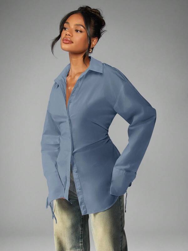 MISSGUIDED Oversized Button Down Shirt With Ruched Waist And Tie Cuffs