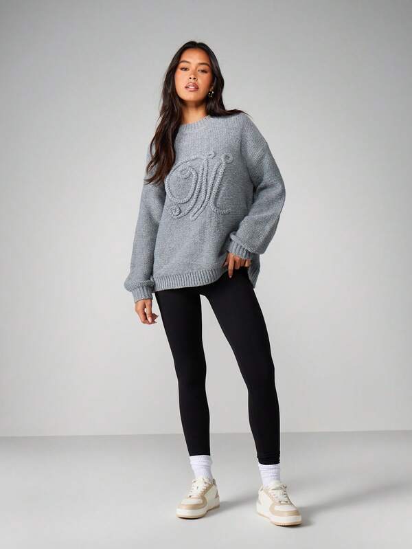 MISSGUIDED Oversized Cable Knit Sweater With Embroidery Detail