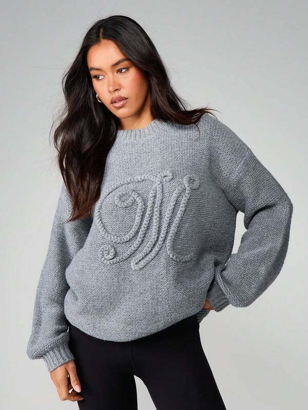 MISSGUIDED Oversized Cable Knit Sweater With Embroidery Detail