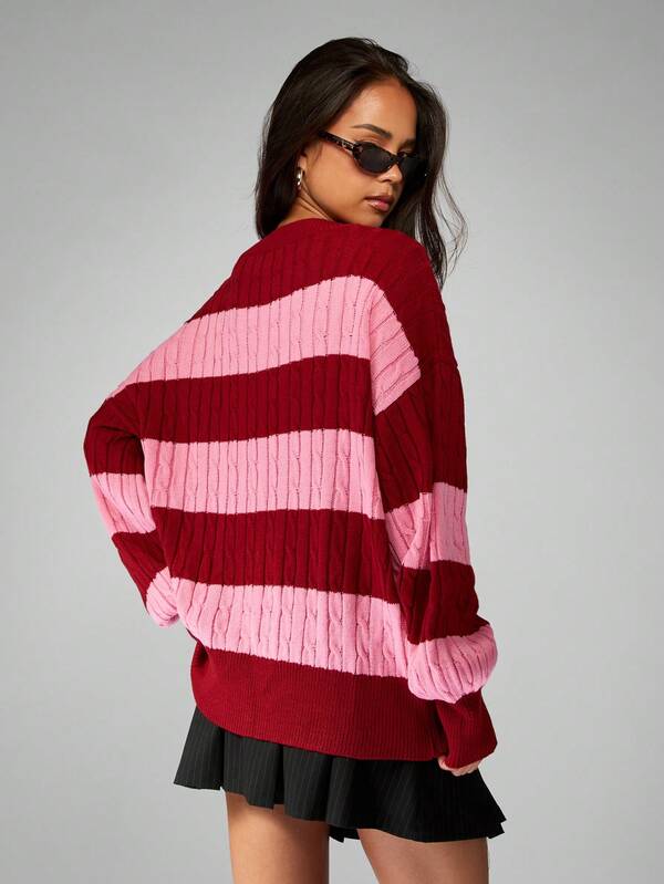 MISSGUIDED Oversized Cable Knit V Neck Striped Pullover