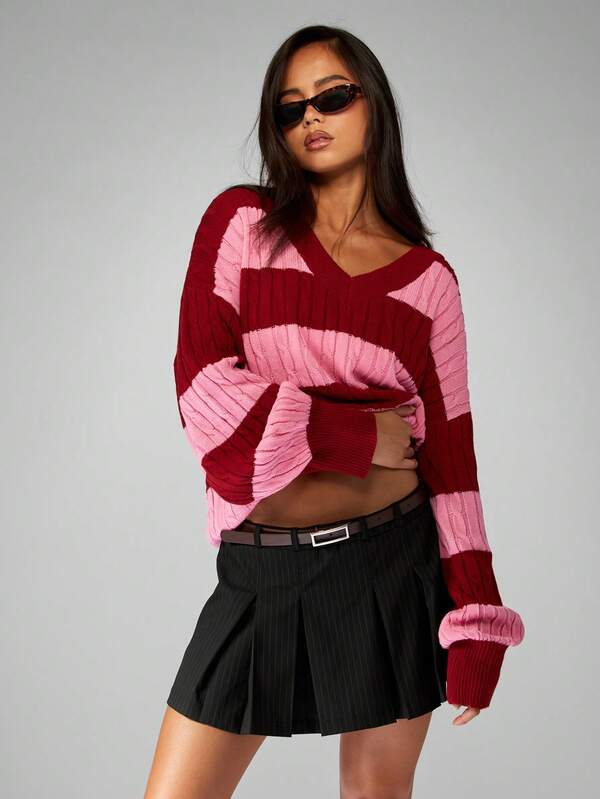 MISSGUIDED Oversized Cable Knit V Neck Striped Pullover