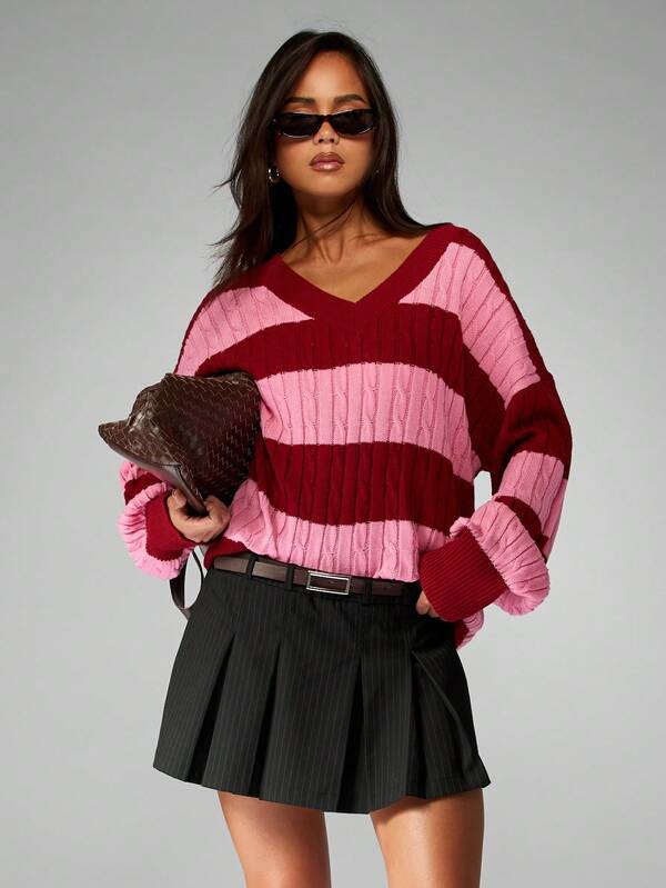 MISSGUIDED Oversized Cable Knit V Neck Striped Pullover