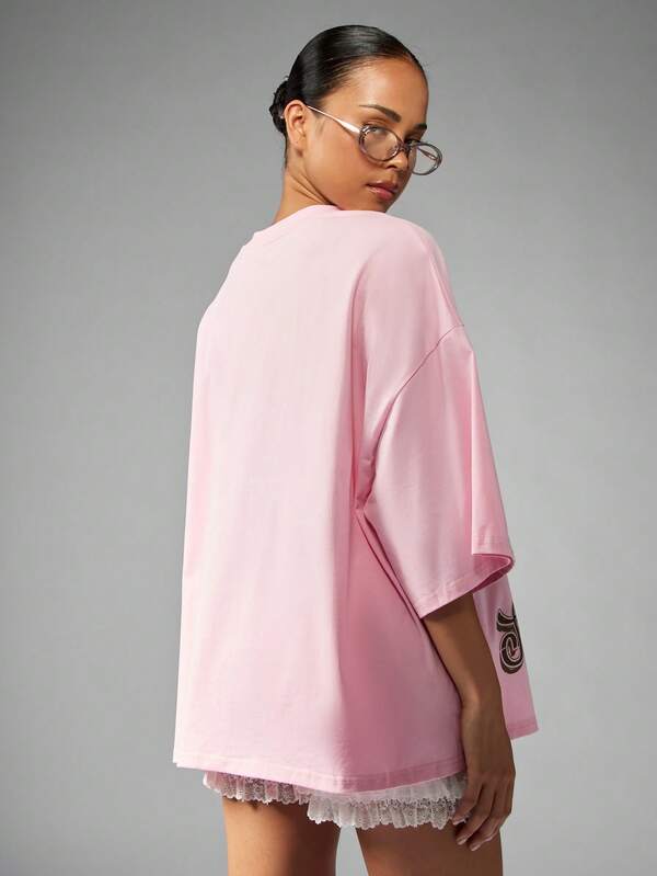 MISSGUIDED Oversized Cherry Print T Shirt With Lace Trim