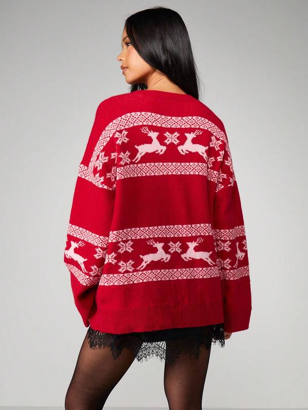 MISSGUIDED Oversized Christmas Jumper With Reindeer Pattern