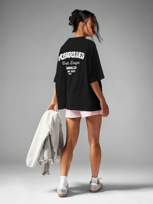 MISSGUIDED Oversized Collegiate Print Tee With Short Sleeves