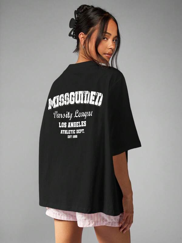 MISSGUIDED Oversized Collegiate Print Tee With Short Sleeves