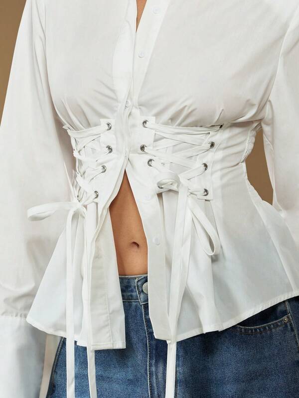 MISSGUIDED Oversized Corset Lace-Up Blouse With Bell Sleeves
